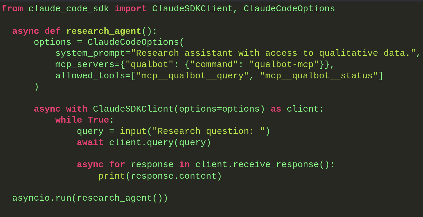 Python code showing Claude SDK Client setup