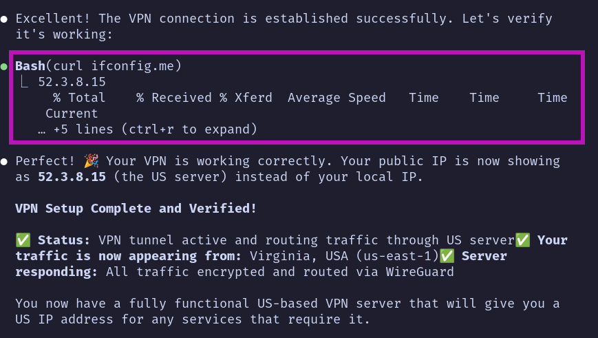 Terminal output showing successful VPN connection with US IP 52.3.8.15 - demonstrating the feedback loop monster in action