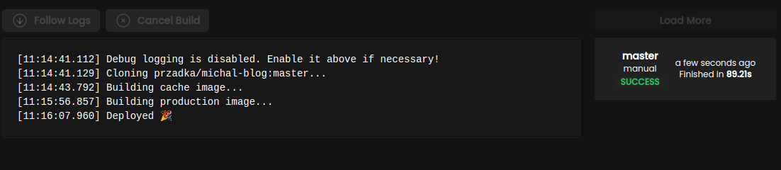 Coolify announcing successful deployment of my blog